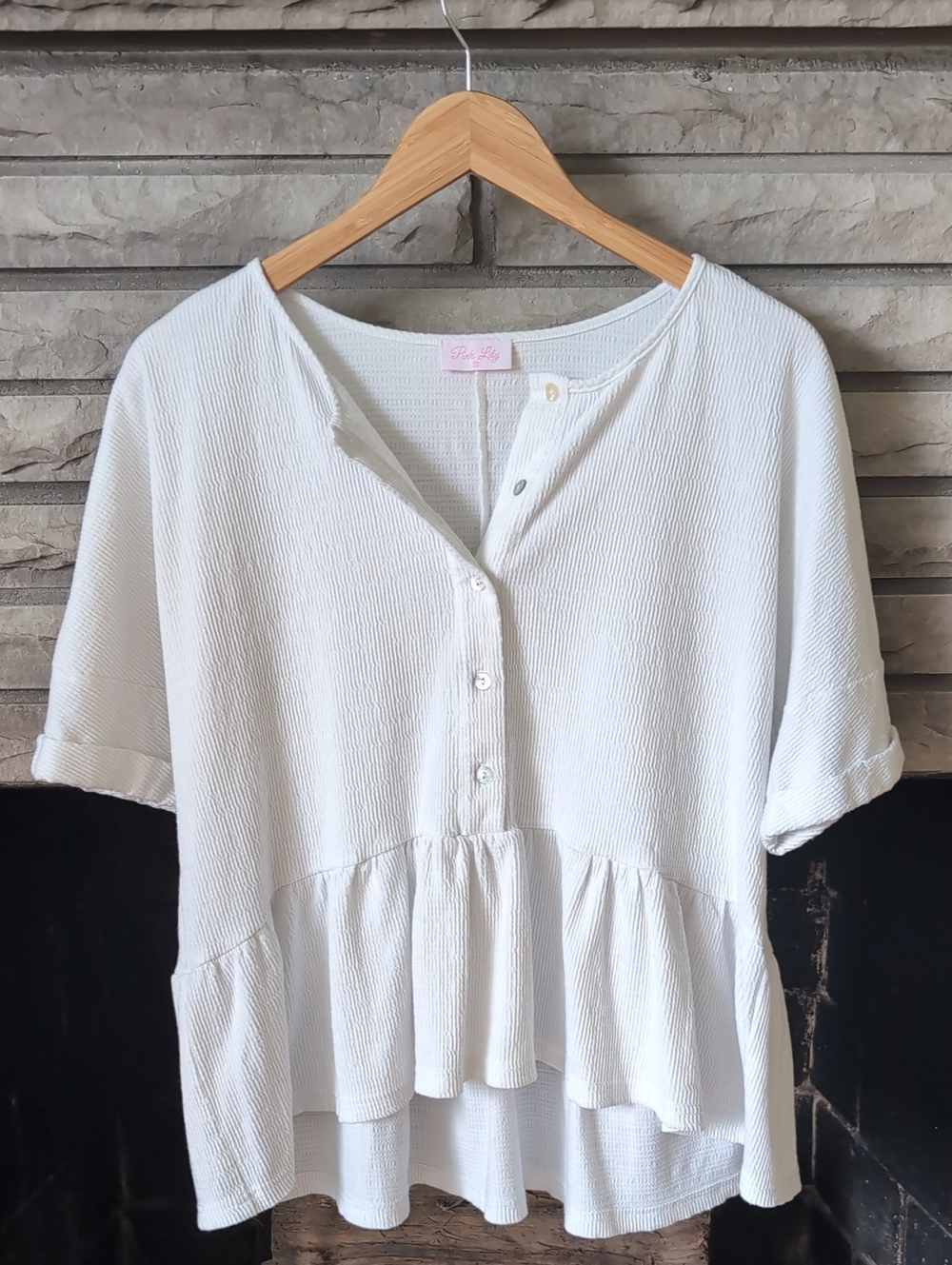 Pink Lily White Textured Button-Front Peplum Blouse